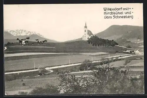 AK Willendorf, Ortsansicht mit Kirchbühel und dem Schneeberg