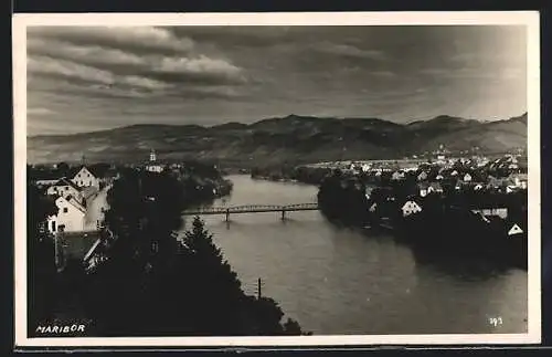 AK Maribor, Ortsansicht aus der Vogelschau mit Brücke