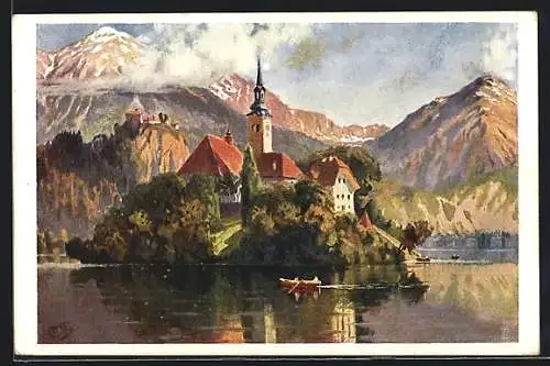 Künstler-AK Bled, Ansicht mit Boot
