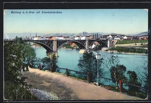 AK Marburg a. d. Drau, Ortsansicht mit Eisenbahnbrücke