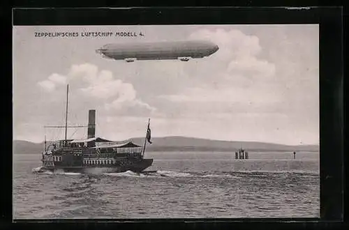AK Zeppelinsches Luftschiff Modell 4 und Salondampfer Rhein