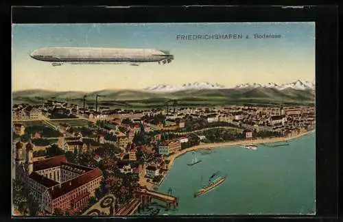 Künstler-AK Friedrichshafen a. B., Zeppelin über dem Stadtpanorama
