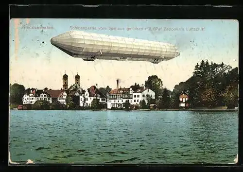 AK Friedrichshafen, Schlosspartie vom See aus gesehen mit Zeppelin`s Luftschiff