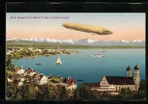 AK Friedrichshafen, Graf Zeppelins Luftschiff über der Stadt