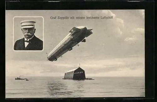 AK Portrait Graf Zeppelin, sein lenkbares Luftschiff fliegt über das Wasser
