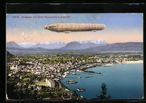 AK Bregenz, Graf Zeppelins Luftschiff über der Stadt