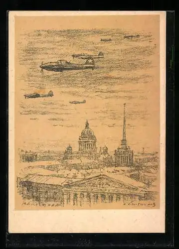 Künstler-AK Sowjetische Flugzeuge in der Luft