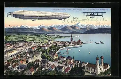 AK Friedrichshafen, Neue Uferstrasse mit Zeppelin und Aeroplan