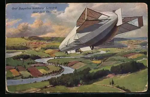 Künstler-AK Graf Zeppelins lenkbares Luftschiff über dem Rheinland