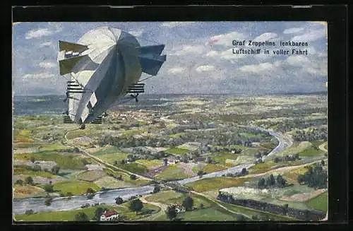 Künstler-AK Le dirigeable Zeppelin en plein vol