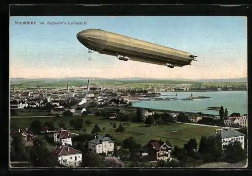 AK Konstanz, Totalansicht mit Zeppelin`schem Luftschiff
