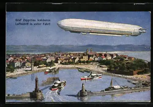 AK Lindau, Zeppelin-Luftschiff über dem Hafen