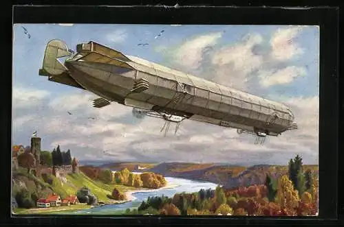 Künstler-AK Zeppelin über idyllischer Landschaft