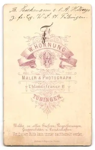 Fotografie W. Hornung, Tübingen, Uhlandstr. 11, Th. Brekmann in Uniform mit ernstem Gesichtsausdruck