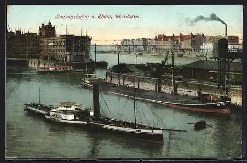 AK Ludwigshafen a. Rhein, Winterhafen mit Dampfer