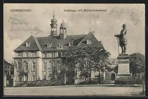 AK Saarbrücken, Kreishaus mit Bismarckdenkmal