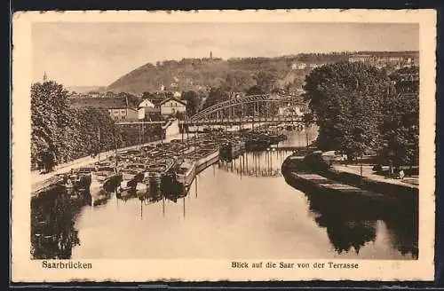AK Saarbrücken, Flusspartie mit Booten und Brücke