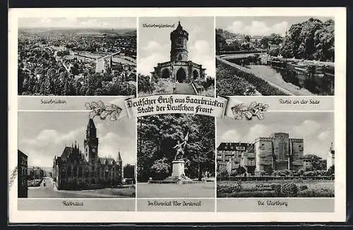 AK Saarbrücken, Winterbergdenkmal, Wartburg, Rathaus