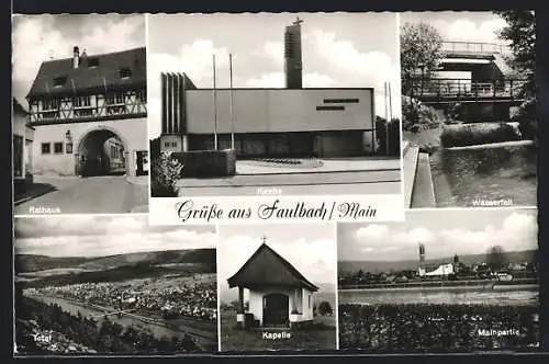 AK Faulbach /Main, Rathaus, Kirche, Wasserfall