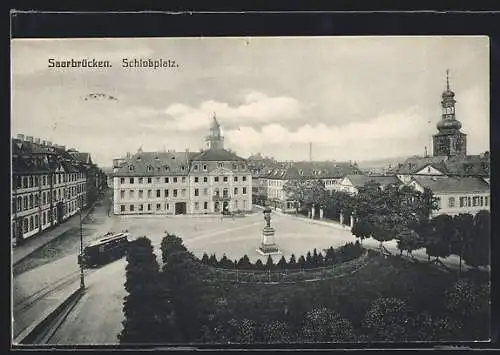 AK Saarbrücken, Schlossplatz mit Strassenbahn