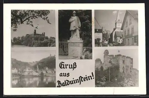 AK Balduinstein, Schaumburg, Statue und Strassenpartie