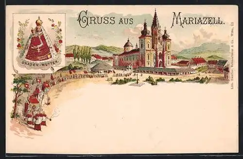Lithographie Mariazell, Gnaden-Mutter, Kirche mit Prozession