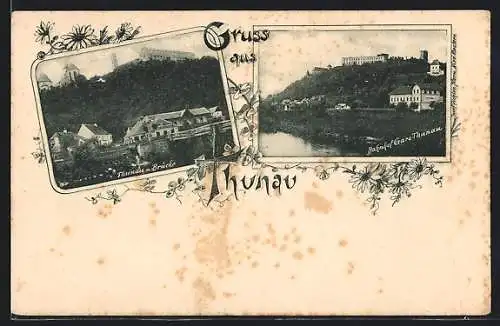 AK Thunau, Bahnhof Gars-Thunau, Ortsansicht mit Brücke