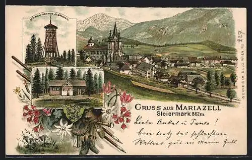 Lithographie Mariazell /Steiermark, Ortsansicht mit Kirche, Erzh. Franz Karl-Höhe