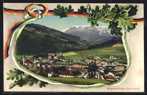 AK Mürzzuschlag, Ortsansicht mit Bergpanorama, Eichenlaub