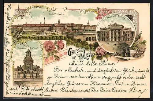 Lithographie Wien, K. K. Hofburg, K. K. Hofburg-Theater, Maria-Theresia-Denkmal