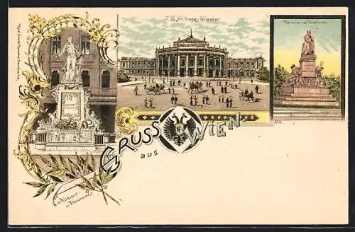 Lithographie Wien, Burgtheater, Mozart-Denkmal, Beethoven-Denkmal