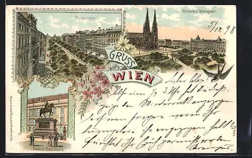 Lithographie Wien, Kärntnerring, Votivkirche u. Währingerstrasse, Denkmal Kaiser Josef II.