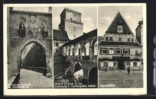 AK Steyr /O.-Ö., Erbauungs-Urkunde am Schlossaufgang, Bogengang i. Lambgerschen Schloss, Bummerlhaus