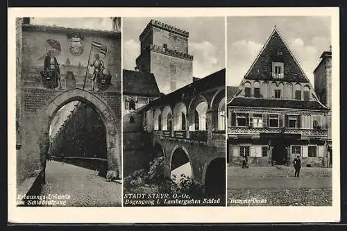 AK Steyr, Bogengang i. Lambergschen Schloss, Erbauungs-Urkunde am Schlossaufgang, Bummerlhaus