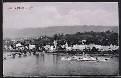 AK Aschach a. Donau, Ortspanorama mit Brücke und Dampfer