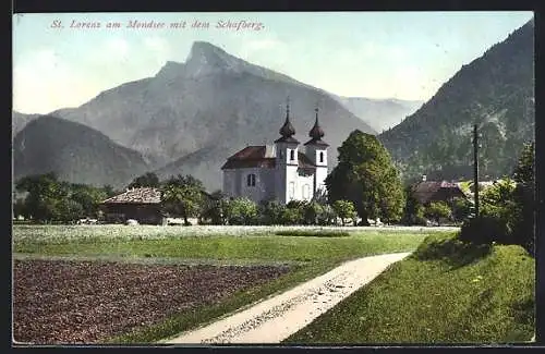 AK St. Lorenz a. Mondsee, Partie mit Blick auf Kirche und Schafberg