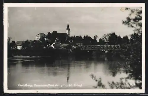 AK Wieselburg, Zusammenfluss der gr. & kl. Erlauf, mit Brücke & Kirche