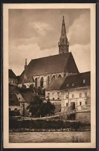 AK Steyr, Stadtpfarrkirche, St. Margaretenkapelle und Neutor vom Bergerweg gesehen