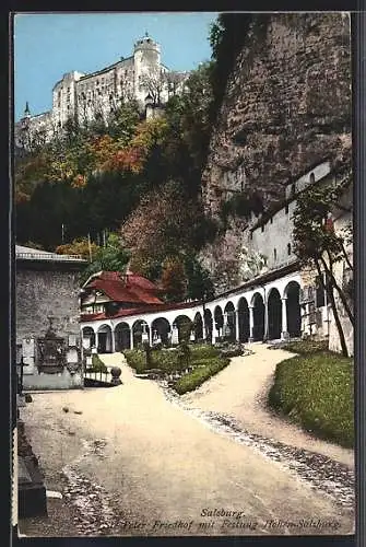 AK Salzburg, St. Peter-Friedhof mit Festung Hohen-Salzburg