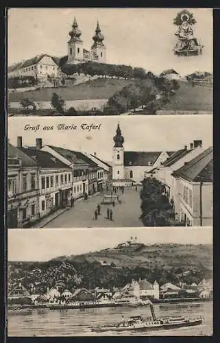 AK Maria Taferl, Hauptplatz, Dampfer passiert den Ort