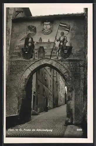 AK Steyr /O.-Ö., Fresko am Schlossaufgang