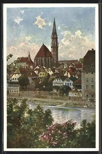 AK Steyr /Ob.-Öst., Uferpartie mit Kirche