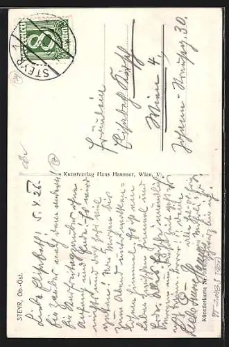 AK Steyr /Ob.-Öst., Uferpartie mit Kirche