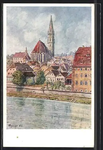 Künstler-AK Steyr, Ennsufer mit Kirchturm