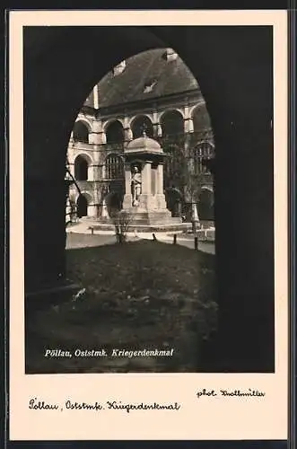 AK Pöllau /Oststmk., Kriegerdenkmal durch Tor gesehen