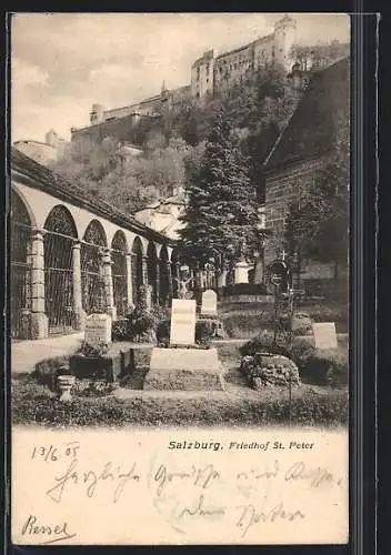 AK Salzburg, Friedhof St. Peter m. Blick zur Burg