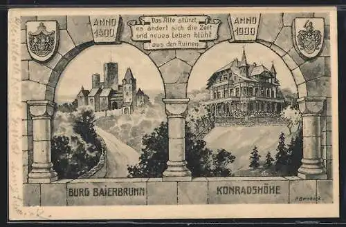 Künstler-AK Baierbrunn, Die Burg anno 1400 und Konradshöhe anno 1900