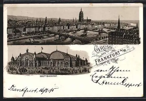 Vorläufer-Lithographie Frankfurt a. M., 1895, Hauptbahnhof, Teilansicht mit Brücken