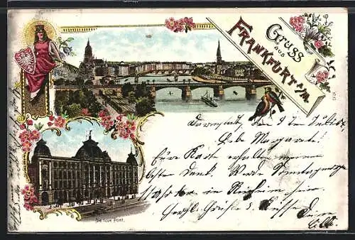 Lithographie Frankfurt a. M., Neue Post, Teilansicht mit Mainbrücken