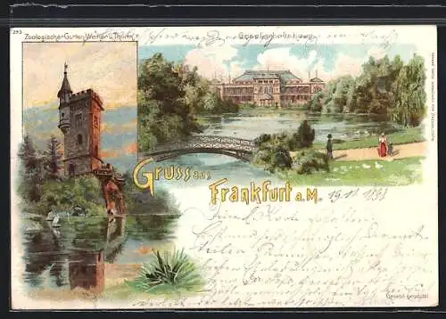 Lithographie Frankfurt-Ostend, Zoologischer Garten, Weiher und Turm, Gesellschaftshaus